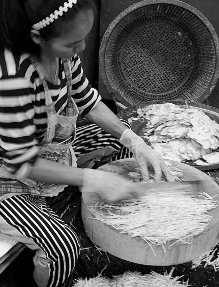 Young Woman Slices Vegetables in the Market - Rick Blumsack